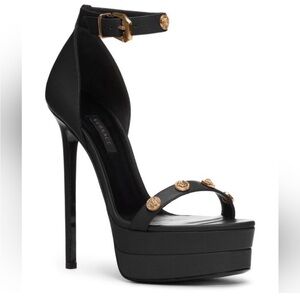 Authentic Versace Black Stiletto Strap Heels With Gold Medusa Studs